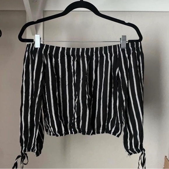 La Hearts Tops - La Hearts Black & White Vertical Stripe Off-Shoulder Crop Top